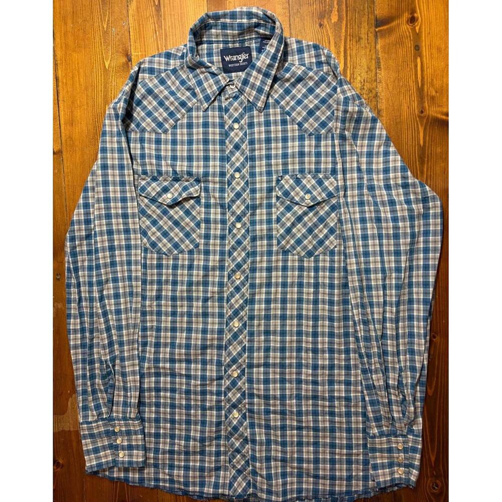 Wrangler Western Shirt LT Large Tall Blue Plaid Snap Button Long Sleeve - Picture 1 of 7